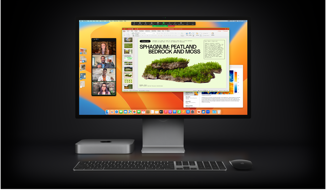 Ένα Mac mini με Magic Mouse, Magic Keyboard και Studio Display που δείχνει μια παρουσίαση Microsoft PowerPoint να κοινοποιείται σε ένα meeting στο Zoom, με το app Σημειώσεις στο φόντο.