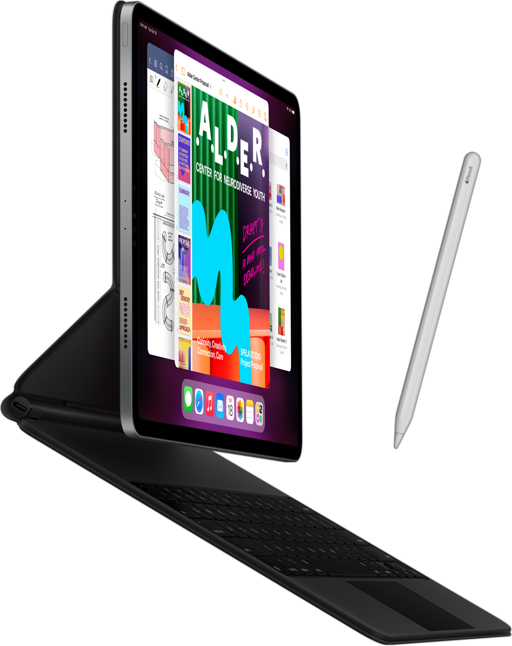 Πλαϊνή όψη του iPad Pro με συνδεδεμένο Smart Keyboard Folio και Apple Pencil.